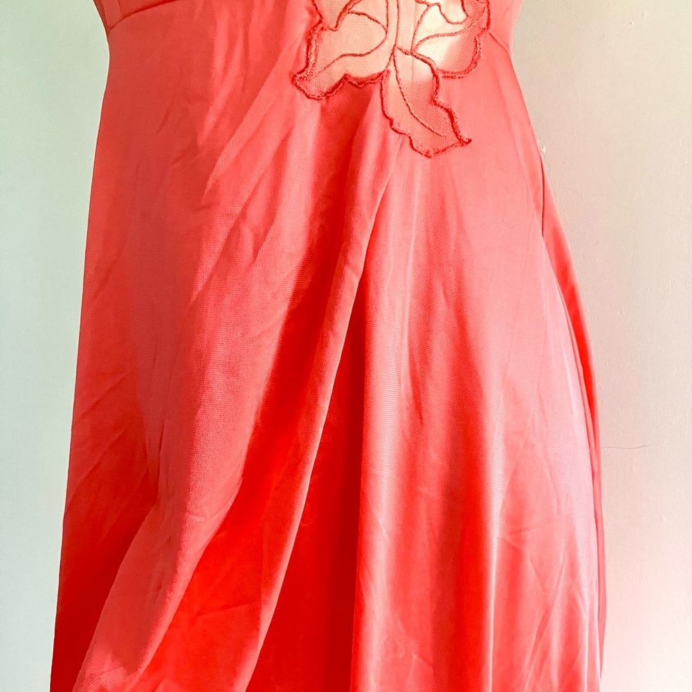 Vintage 70’s coral red orange lace flower slip gown dress & robe jacket set - Picture 7 of 16